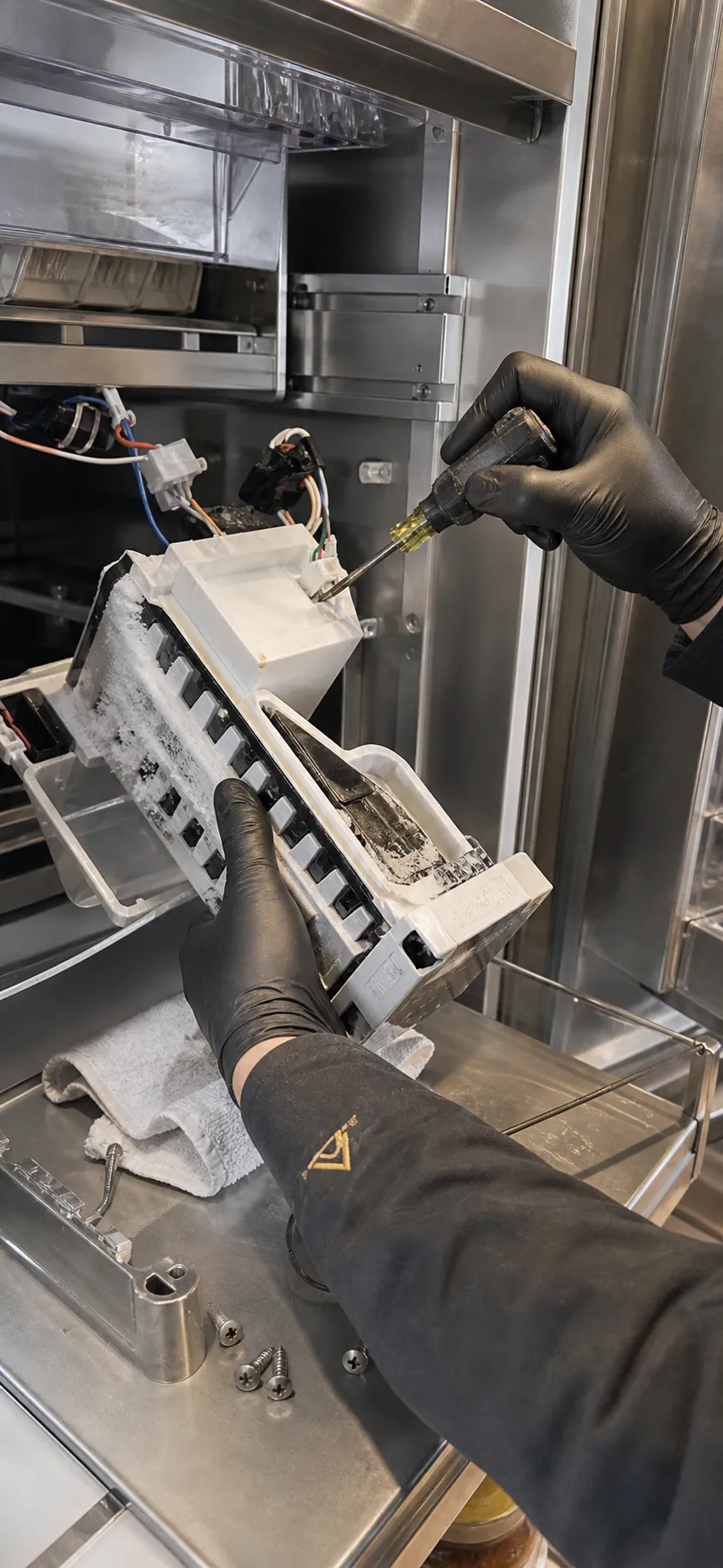 Sub-Zero ice maker assembly serviced in a San Jose kitchen, where South Bay hard water leaves scale in the ice circuit