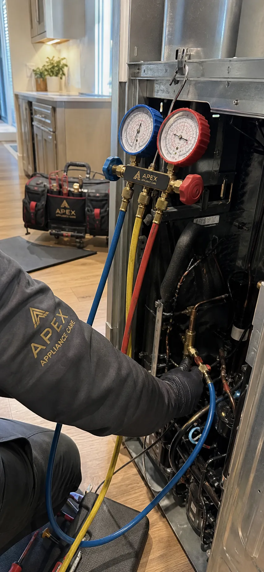 Sealed-system refrigerant gauges on a built-in Sub-Zero refrigerator repair